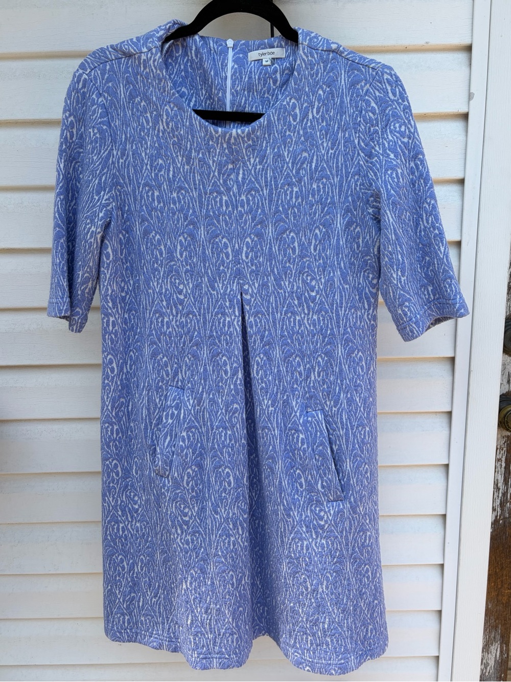 Tyler Böe Periwinkle Blue White Print Shift Dress M 3/4 Sleeve Pockets